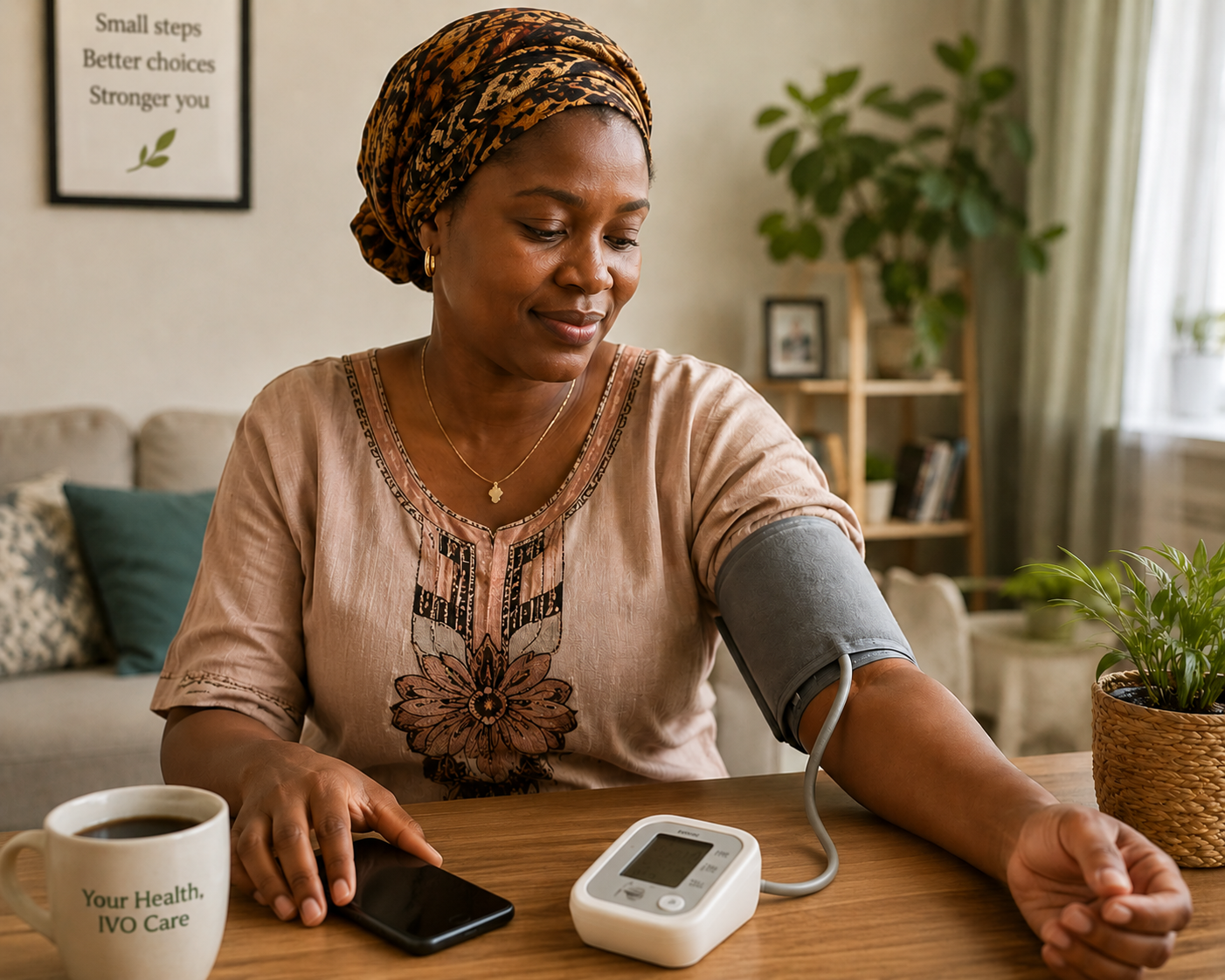 Woman monitoring her health at home with My IVO